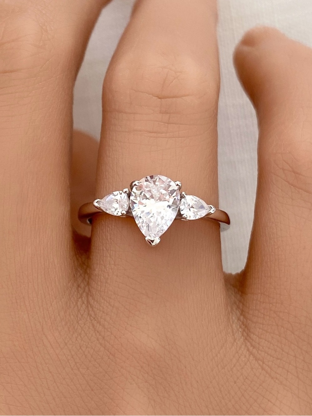 Pear Simulated Diamond Sterling Silver Teardrop Three Stone CZ Engagement Ring